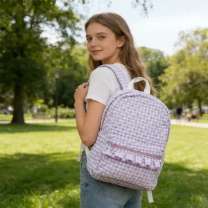 Quilted Backpack with Ruffle Trim Large Capacity Plaid Pattern Travel Backpack for Women