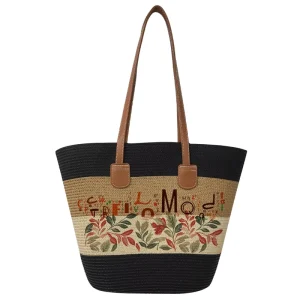 Retro Large Capacity Straw Bag Zipper Polyester Seaside Vacations Travel Hand-woven Printed Patterns