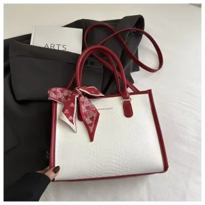 Retro Plain Color Tote Bag for Ladies Casual Large Capacity Portable Zipper Closure with Ribbon Decoration Shoulder Strap