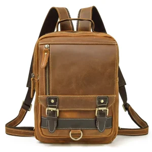 Retro Simple 12 Inches Crossbody Chest Bag Men Brown Genuine Leather School Backpack
