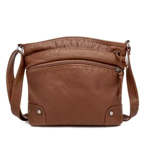 Soft Leather Crossbody Bag Women Vintage Multi-Zipper Shoulder Bag with Adjustable Strap Casual Daily Use