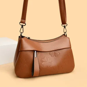 Solid Women’s Soft Leather Shoulder Bag Women’s Small Crossbody Bag with Embossed Designer