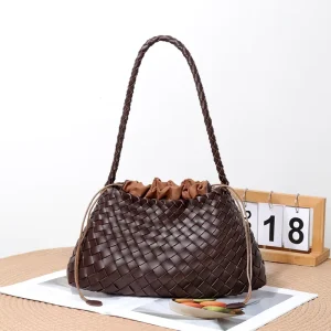 Spring Women Dark Brown Woven Shoulder Bag for Ladies Casual Braided Tote Hand Bag with Drawstring Purse