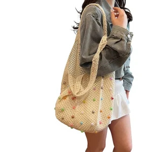 Spring Woven Linen Bags Women’s Hollow Open Two Handles Shoulder Seaside Vacation Tote Bag