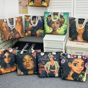 Stock African Black Girl Art Print Shoulder Tote Bag with Fun Cartoon Pattern Organic Cotton Recyclable Rope Handle