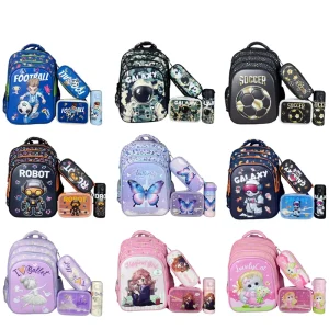 Student Backpack 4 Piece Set Trolley Function Cartoon Design 18inch with Lunch Bag Pencilbag Box Kids Schoolbag