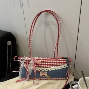 Summer Korean Style Casual Plaid Underarm Bag for Women Sweet Bowknot Single Shoulder Bag