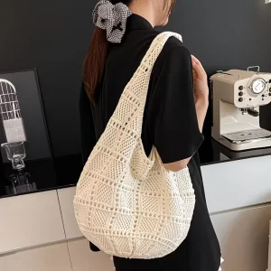 Summer New Large Capacity Vintage Casual Woven Tote Bag Fashion Handmade Women Polyester Bag