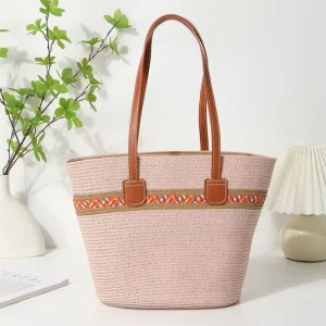 Summer Rainbow Contrast Color Straw Handbag Large Capacity Portable Vegetable Basket Woven Tote Bag