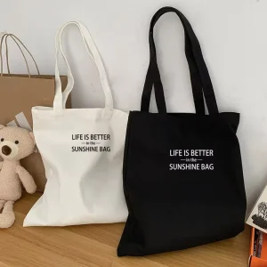 Summer Urban Simplicity Letter Print Canvas Tote Bag Zipper Casual Shoulder Bag Snacks Shopping Laptop Books Women’s Style