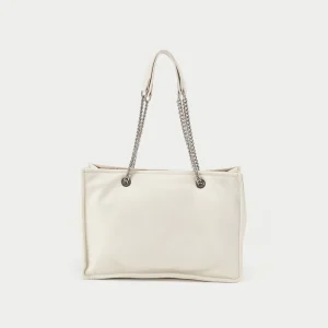 Sustainable Vegan Leather White Color Puffy Plain Leather Women Shoulder Bag with Silver Chain