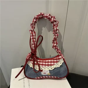 Sweet Lace Bow Women’s Shoulder Bags Contrast Color Plaid Ladies Lightweight Underarm Bags Pleated Design Female Hobos Handbags