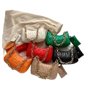 Thick Chain Single Strap Solid Polyester Lining Zip Closure Retro Women’s Fashion Simple Shoulder Casual Underarm Handbag All