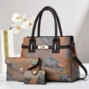 Three-Piece Set Mother-and-Child Bags Patchwork Large-Capacity Womens Shoulder/Crossbody Handbags Zipper Closure PU Material