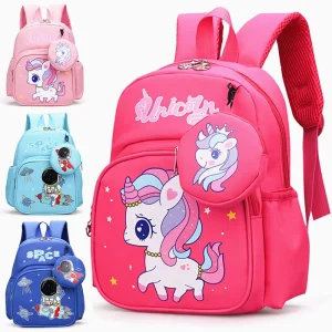 Toddler Detachable Mini Pouch Backpack Cartoon Astronaut Unicorn Design Durable Nylon Softback AirBelt 20-36L Kids School Bag