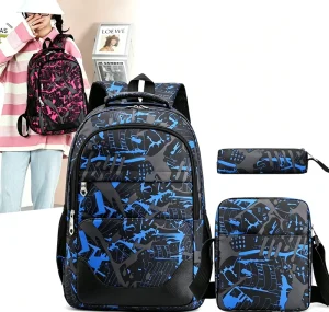 Trendy Blue Black Geometric Zipper School Backpack Set 3-in-1 Student Backpack with Lunch Box and Pencil Case Casual Daypack