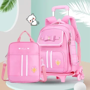 Trolley Children’s School Bags 6-12 Years Old Girl Six-wheeled Carry on Climbable Backpack for Kids Children with Lunch Bag