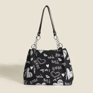 Two Straps Chains Printing Pattern Gift Large Purse Waterproof Nylon Tote Shoulder Bag Graffiti Trendy