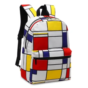 Unisex Artistic Geometric Mondrian Backpack Trendy Color Block Design Waterproof Oxford Polyester Lining for School Outdoor Use