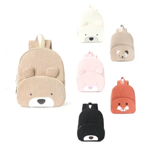 Unisex Fashion Corduroy Backpack Cute Bear Design Animal Prints Zipper Closure Polyester Lining for Kids School Camping