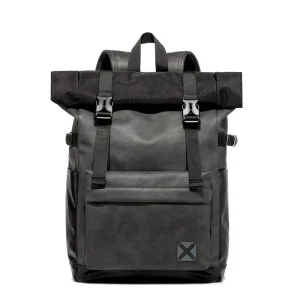 Vintage Black Rolltop Backpack Fashionable Waterproof PU Leather Rucksack Outdoor Polyester Cover School Travel Backpack for Man