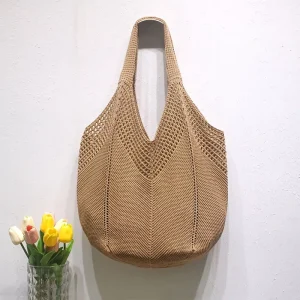 Vintage Crochet Tote Bag Polyester Knitted Shoulder Bag Lightweight&Durable for Travel Beach Daily Use Women’s Fashion Accessory