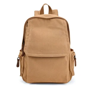 Vintage Khaki Washed Canvas Backpack Geometric Pattern Zipper Closure Large Capacity Unisex College Student Daily Use