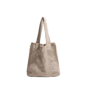 Vintage Knit Bag Lady’s Wool Tote Shopping Shoulder Bag Two Hand Woven Mesh Hollowed-Out Design Polyester