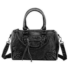 Vintage Trend Large Crossbody Shoulder Handbag Women Casual Denim Boston Bag Zipper Patchwork Design Polyester