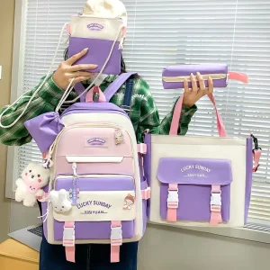 Wear Resistant Female Primary School Backpack Large Capacity Five Piece Teenager Young Girls Backpack Set