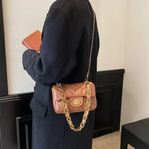 Women Luxury Diamond Quilted PU Handbag Fashion Thick Gold Chain Casual Crossbody Shoulder Bag for Daily Party Dating