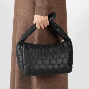 Women Quilted Handbag Black Nylon Purse Lightweight Zipper Bag Ladies Stylish Hexagonal Pattern Shoulder Bag