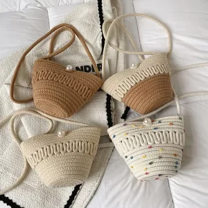 Women Woven Bucket Bags Small Shoulder Women Handbags Ladies Casual Crossbody Phone Beach Bag