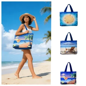 Women’s Canvas Tote Bag with Polyester Lining Tropical Beach Design for Autumn & Summer Casual Daily Use Low MOQ