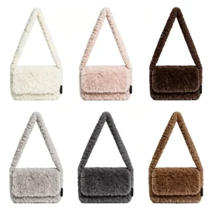 Women’s Faux Fur Flap Shoulder Bag Soft Plush Wide Strap Underarm Bag Winter Warm Casual Faux Fur Handbag