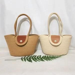 Women’s Handmade Cotton Linen Tote Bag Pearl Fashionable Two Strap Shoulder Bag Portable for Spring Summer Autumn Winter
