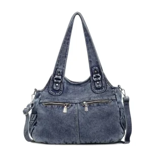 Women’s Large Capacity Denim Tote Bag Casual Crossbody Shoulder Handbag Washed Jean Fashion Purse