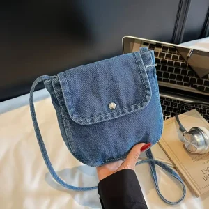 Women’s Single-Strap Denim Crossbody Phone Bag Portable Shoulder Bag Zipper Closure Polyester Lining