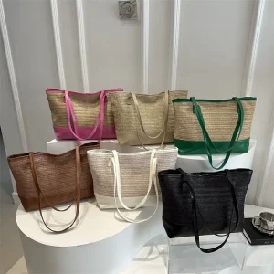 Women’s Straw Woven Tote Bag With PU Leather Bottom Handles Large Capacity Shoulder Bag for Beach Vacation Shopping