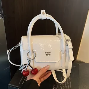 Women’s Vintage Ruched Cherry Charm Mini Handbag Glossy PU Leather Top Handle Crossbody Bag Casual Small Shoulder Purse