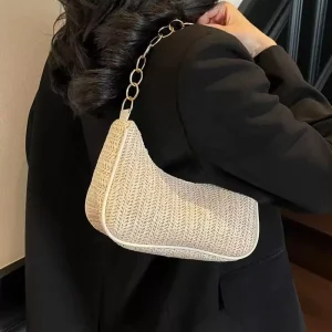 Woven Straw Square Underarm Beach Bag Women’s Casual Shoulder Bag with Zipper Closure Polyester Lining