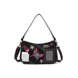 Y2K Punk Gothic Cowgirl Canvas Denim Tote Crossbody Shoulder Armpit Bag Butterfly Clutch Vintage Women Bag