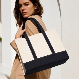 16oz Heavy Duty Cotton Canvas Fashion Tote Bag Minimalist Two tone Shoulder Bag Zipper Closure Letter Pattern For Women