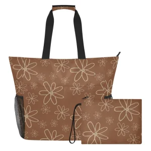2 Pcs Set Hawaii Tiare Flower Custom Print Polyester Women’s Closure Waterproof Portable Storage Tote Bag Beach Shoulder Bag