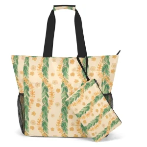 2 in 1 Hawaii Maile Lei Design Custom Print Logo Aloha Sublimated Women Reusable Large Tote Zipper Top Beach Bag with Pouch
