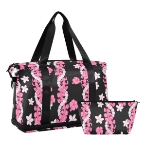 2 in 1 Hawaiian Custom Puakenikeni Lei Pink Travel Foldable Bags 32L Lightweight Duffel Large Sport Gym Bag for Travel