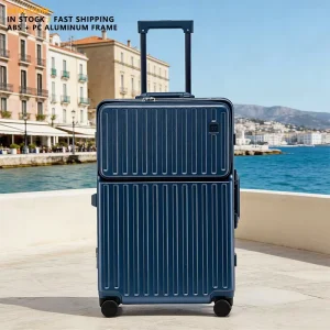 24 Inch Aluminum Frame Travel Suitcase Scratch Resistant PC Luggage with USB Port Front Cover Pocket & Cup Holder