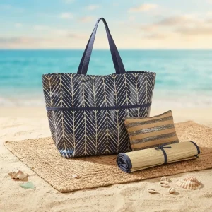 3 Piece Outdoor Picnic Set Chevron Tote Bag with Waterproof Base Striped Pillow Roll Up Mat Durable Polyester Beach Bag