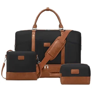 3PC Women Travel Bag Set Weekender Overnight Duffle Tote Bag with Crossbody Toiletry Bag Canvas PU Leather Carry On 14 Inch