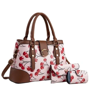 3PCS Set Vintage Cherry Print Large Tote Bag High Capacity Women Handbags Fashion Shoulder Crossbody Shopper Purse